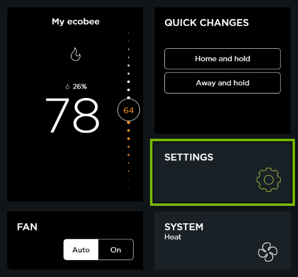 Settings option highlighted in ecobee web portal.