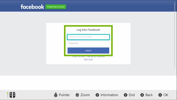 Facebook login screen on Nintendo Switch.