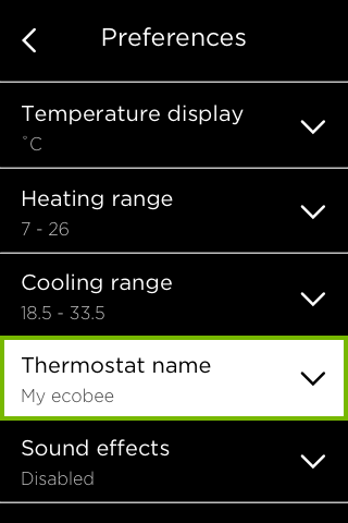 Thermostat Name option highlighted in ecobee Preferences.