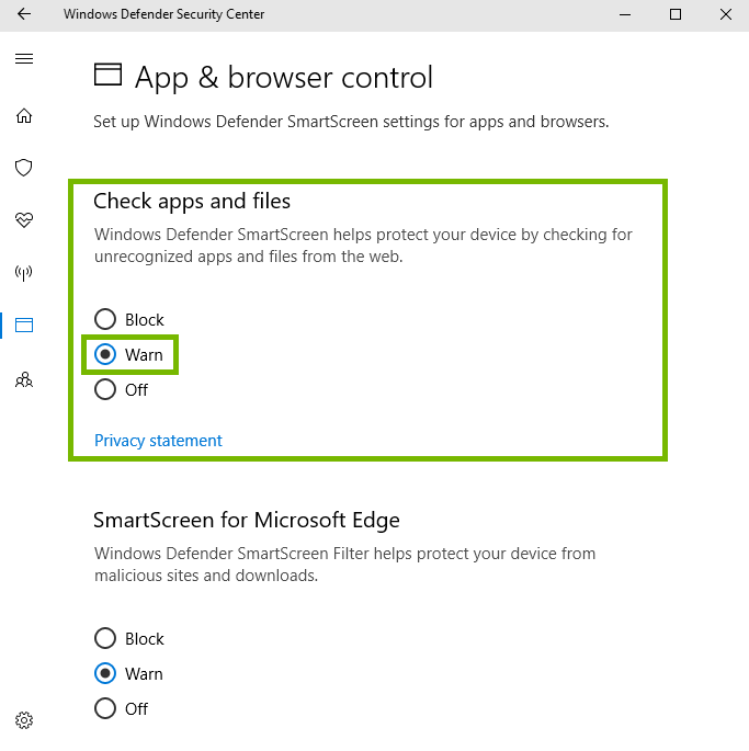 screenshot of app and browser control with warn highlighted