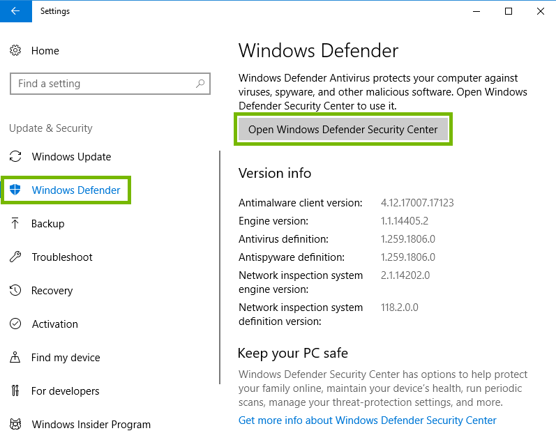 screenshot of security settings with windows defender and open windows defender security center button highlighted