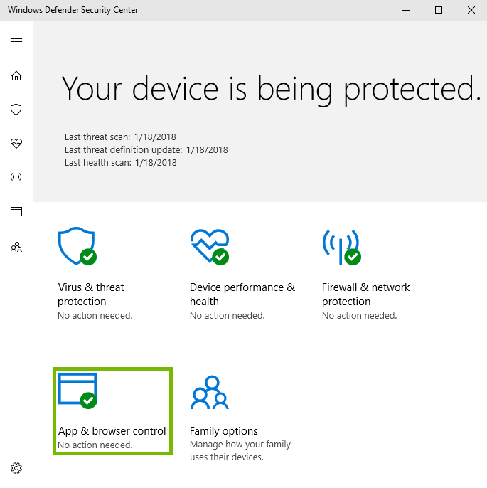 Screenshot of windows defender with app and browser control highlighted