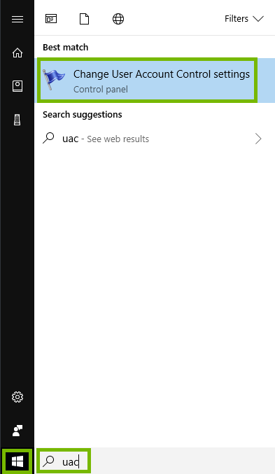 Screenshot of start menu with search for user account control highlighted