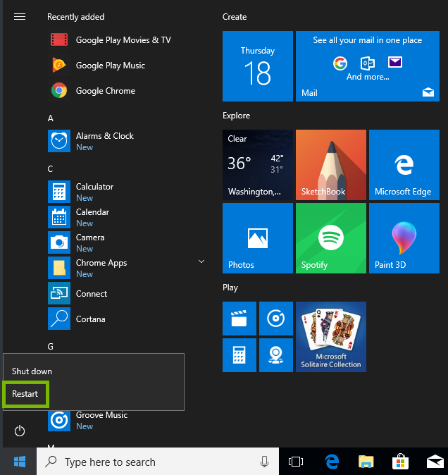 screenshot of the windows start menu with restart highlighted