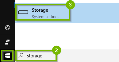 screenshot of Windows start menu with a search for storage and storage link highlighted