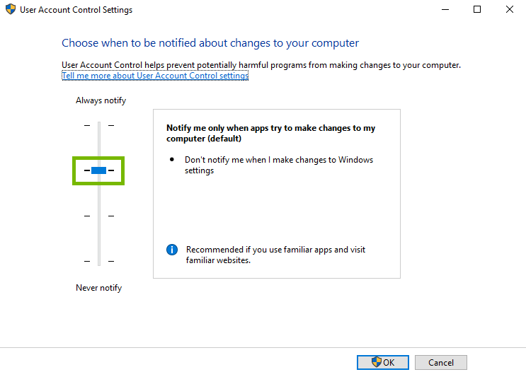 Screenshot of user account controls with the slider set to medium-high