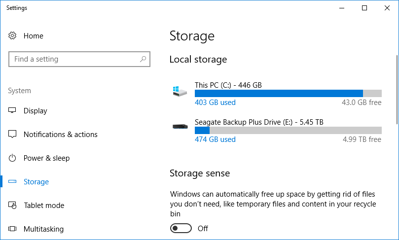 Screenshot of storage detailing drive space free