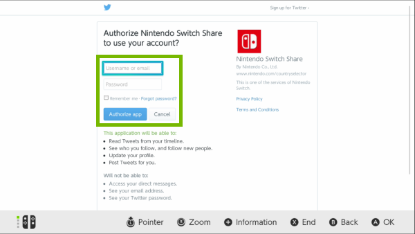 Twitter login screen on Nintendo Switch.