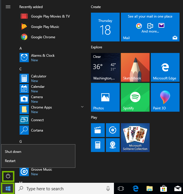 Screenshot of the windows start menu with the start button and power button highlighted