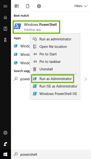 Right click menu for powershell with run as Administrator highlighted.