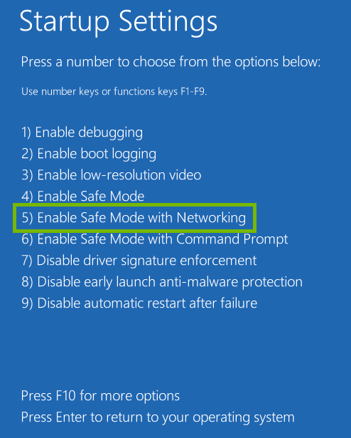 screenshot showing choice 5 enable safe mode with networking highlighted