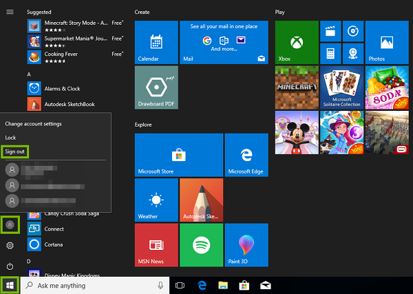 Start menu with the start button, profiles icon, and sign out highlighted.