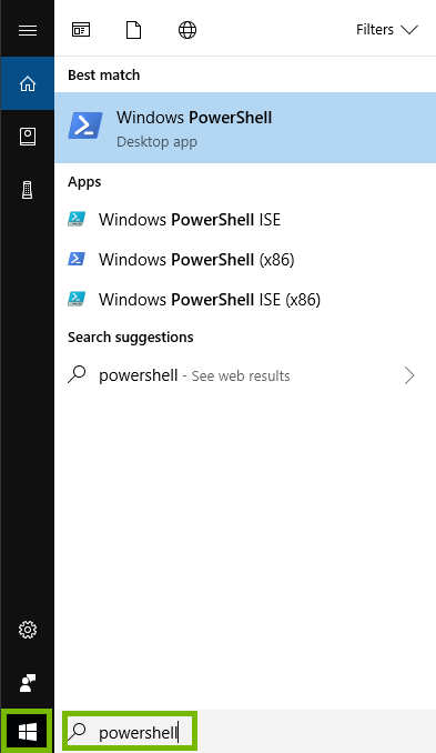 Windows start menu searching for powershell.
