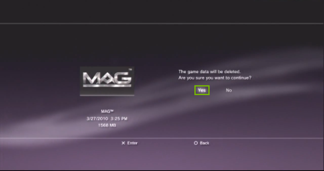 Delete data confirmation box with Yes selected. Screenshot.