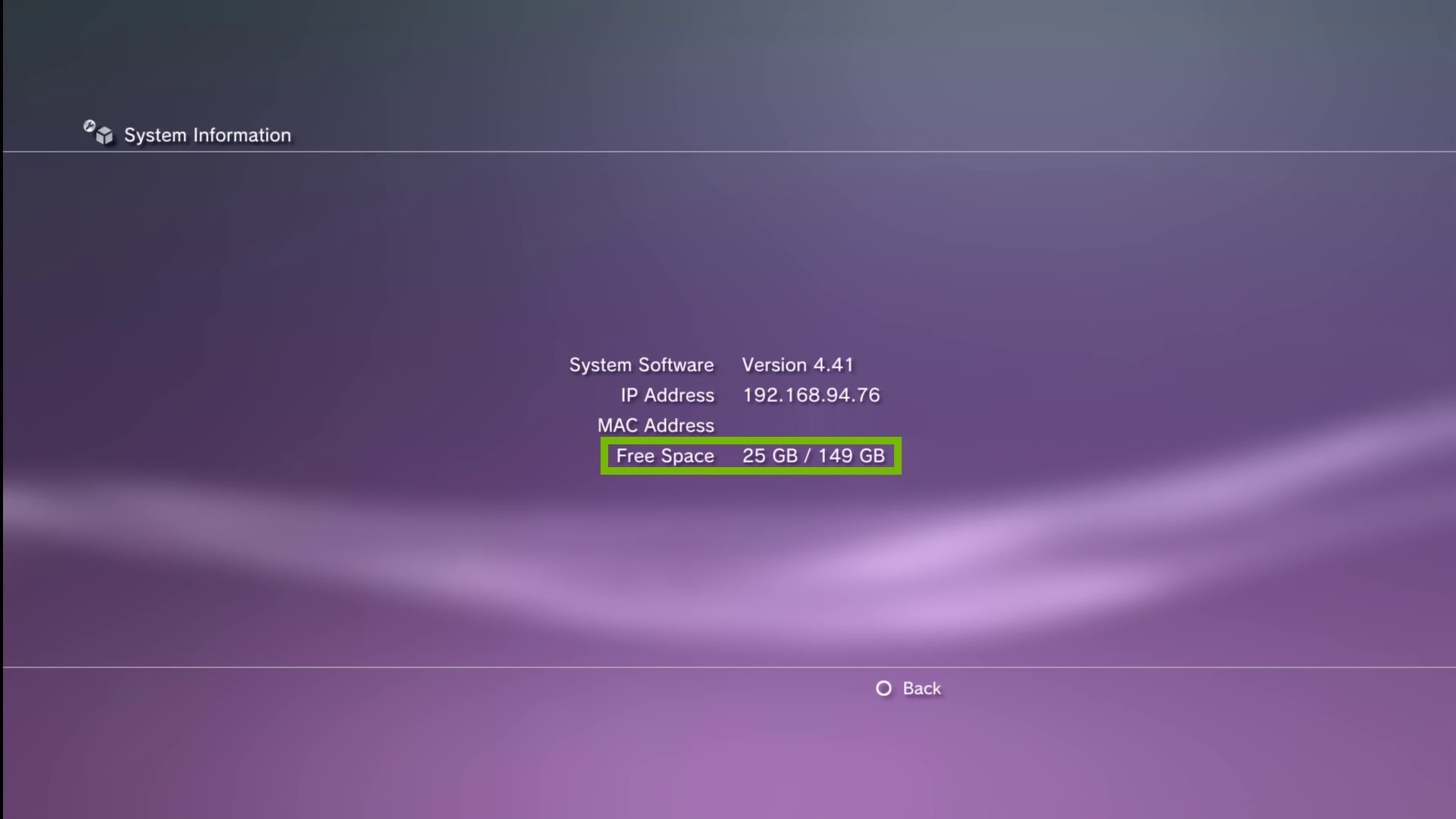 Available hard drive space with Free Space highlighted. Screenshot.