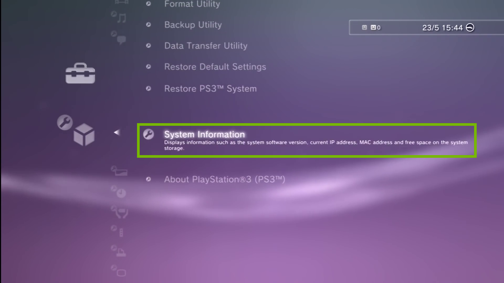 System Settings with System Information selected. Screenshot.