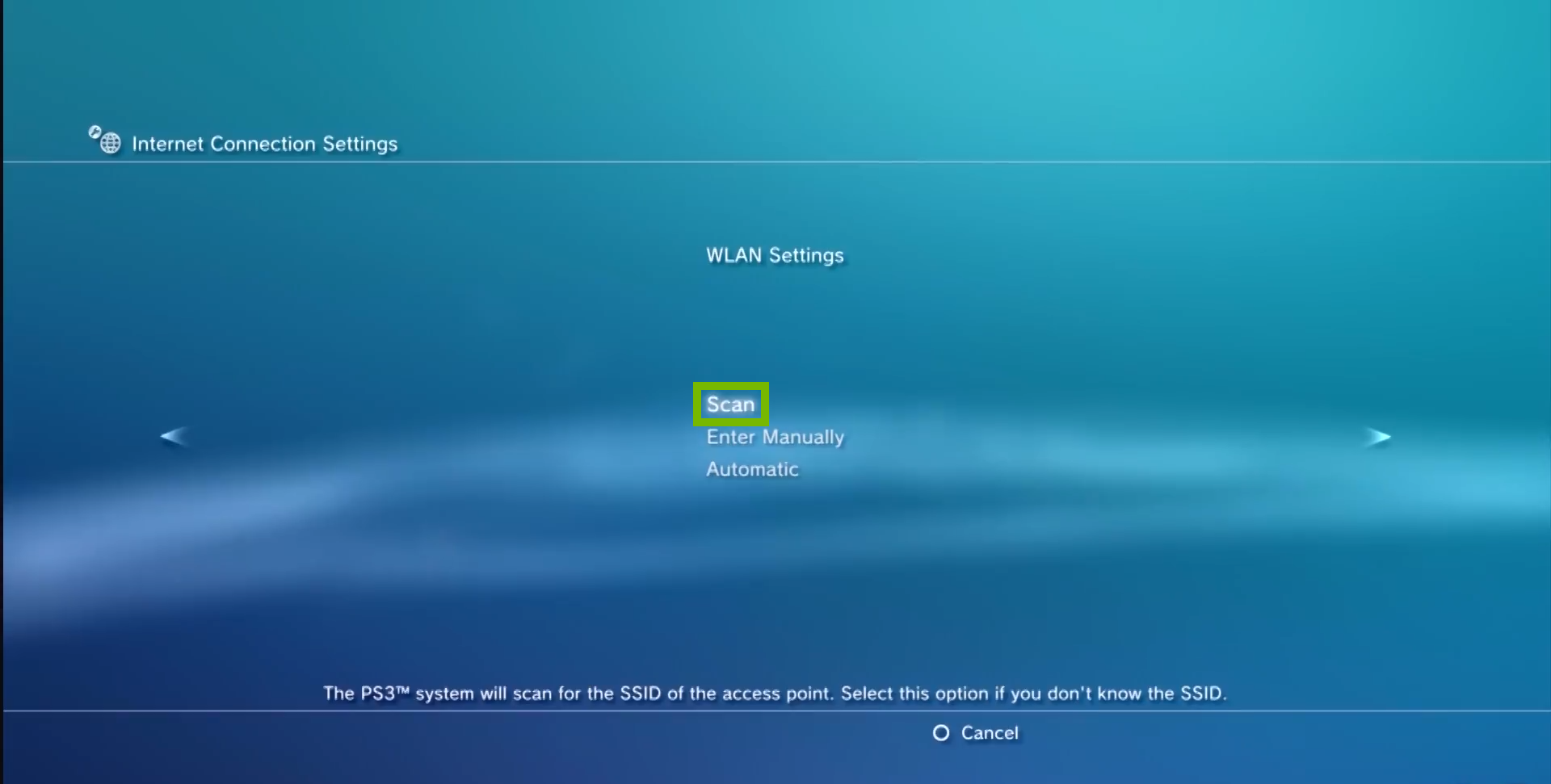 wlan settings with scan highlighted