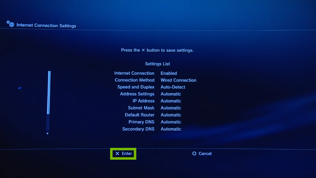Settings List. Screenshot.
