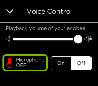 Disabled microphone highlighted in Coice Control settings of ecobee thermostat.