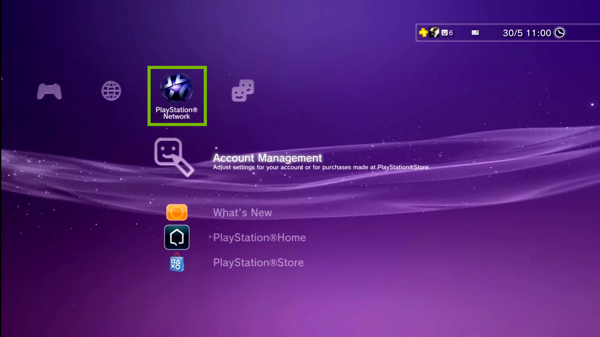 PlayStation Network menu. Screenshot.