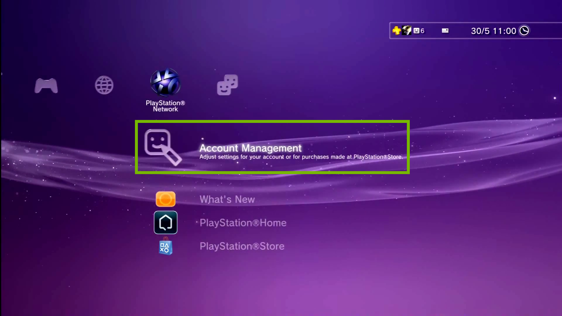 PlayStation Network menu with Account Management selected. Screenshot.