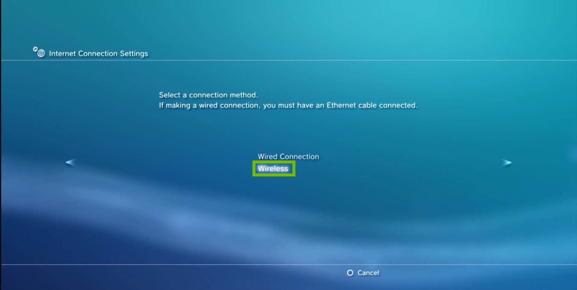 select a connection method with Wireless highlighted
