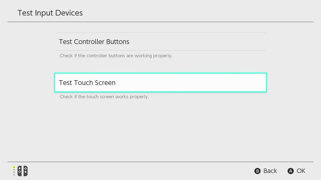 Nintendo switch test input devices menu showing Test Touch Screen highlighted