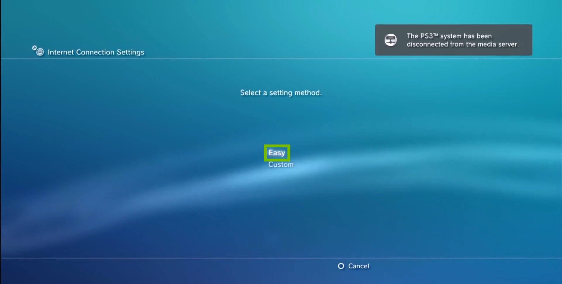 Internet connections settings with select a setting method and easy is highlighted