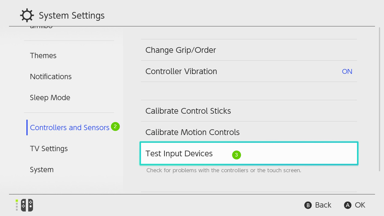 Nintendo Switch system settings menu with controllers and sensors and test input devices highlighted