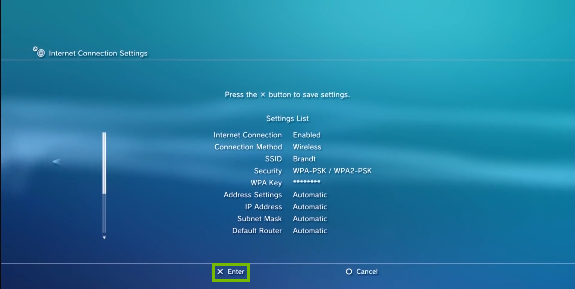 summary of settings with enter highlighted