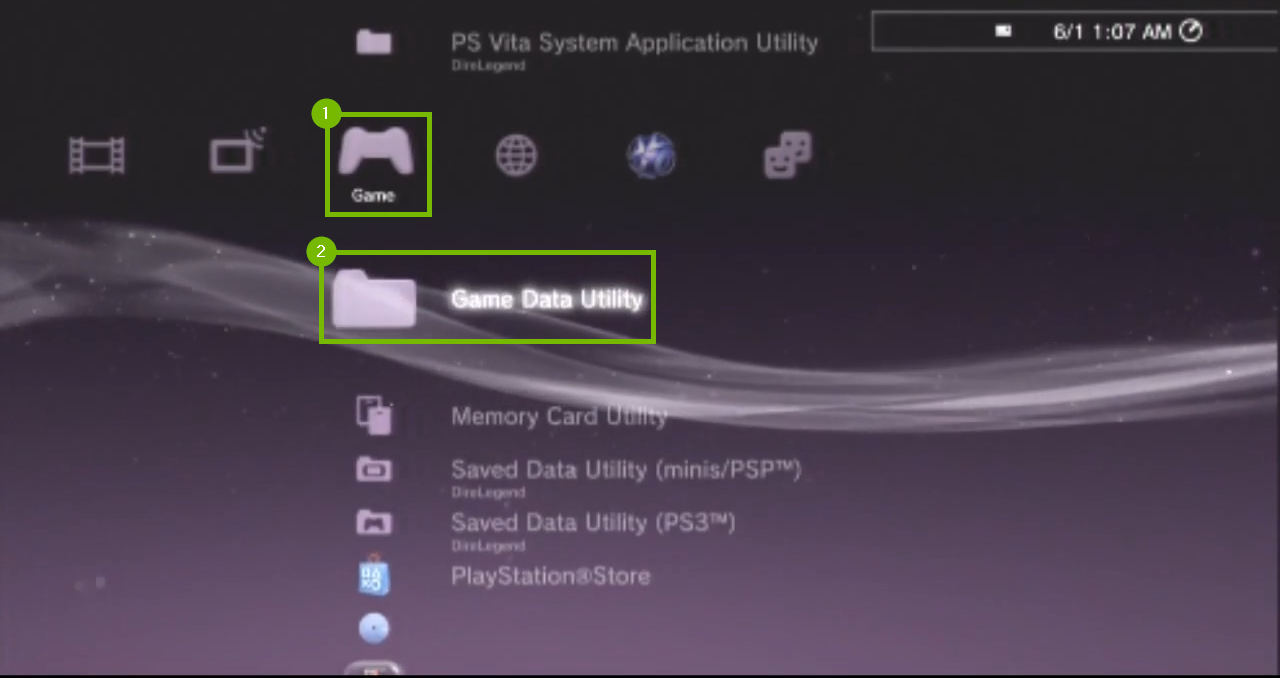 Games menu with Game Data Utility selected. Sreenshot.