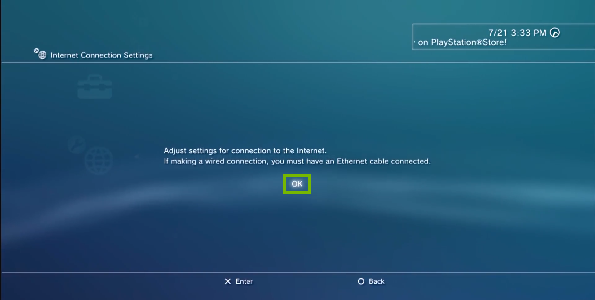 Internet connection settings with ok highlighted