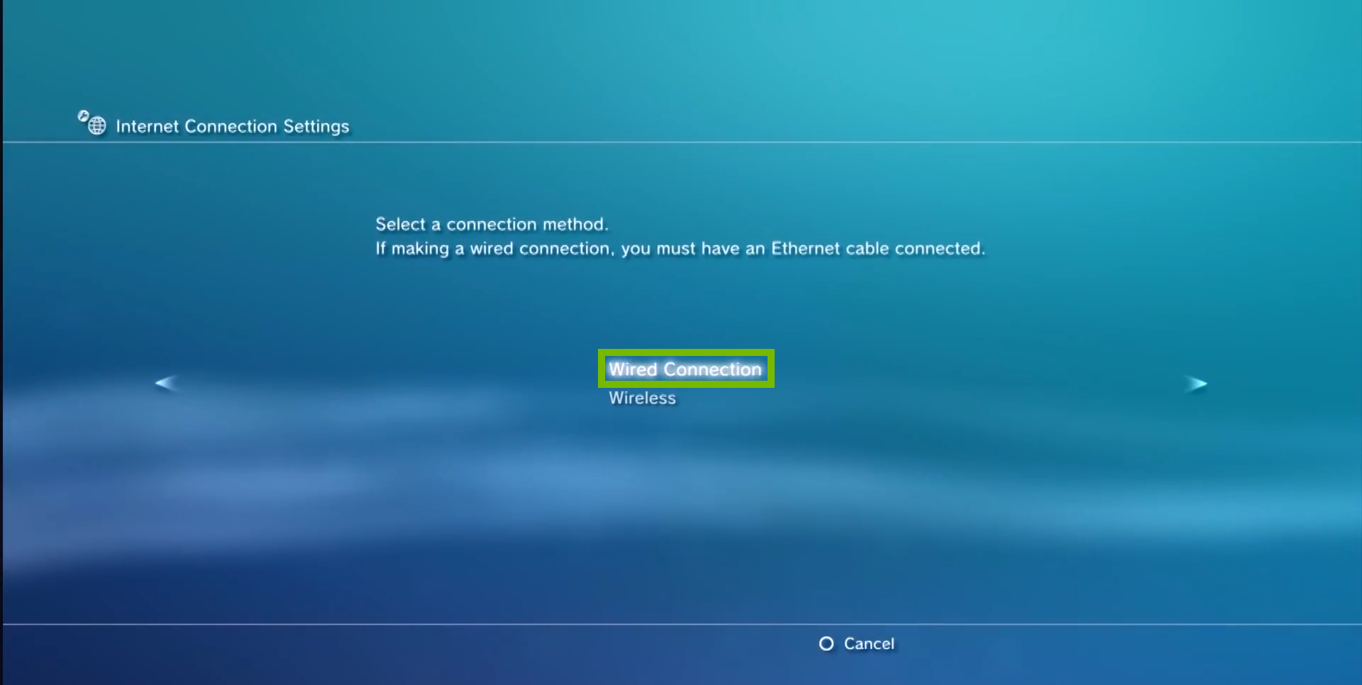 Connection methods with Wired Connection selected. Screenshot.