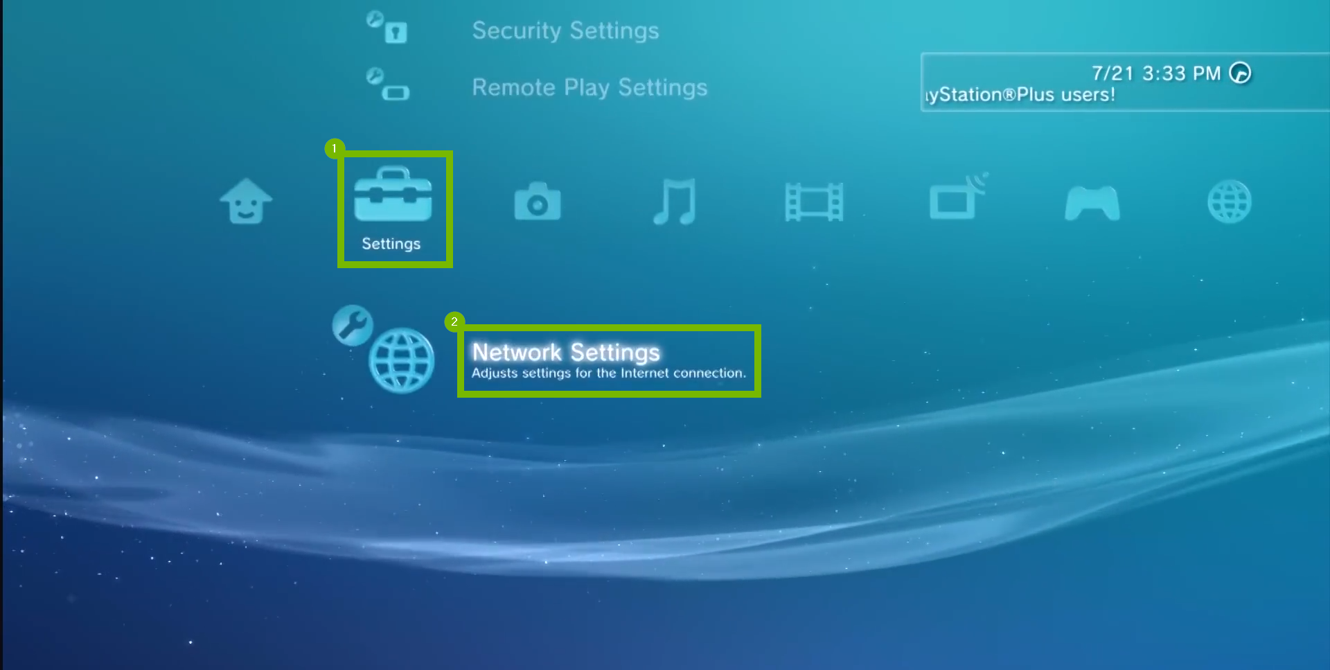 main menu with settings menu highlighted and network settings highlighted