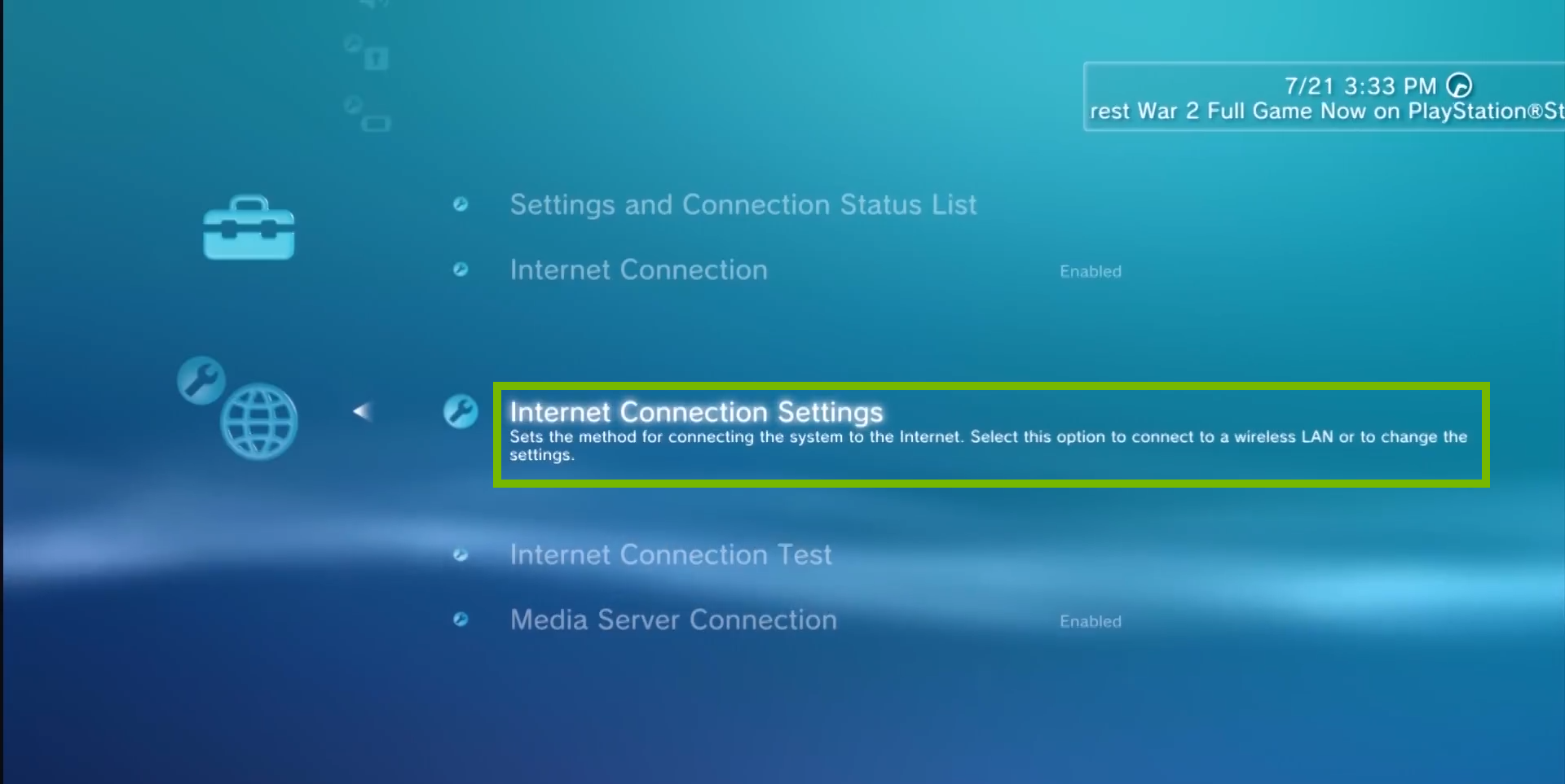 network settings with internet connection settings highlighted