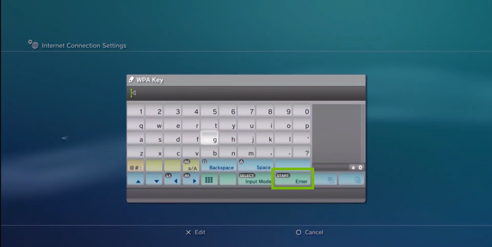 virtual keyboard with WPA key box where password is displayed and enter button is highlighted