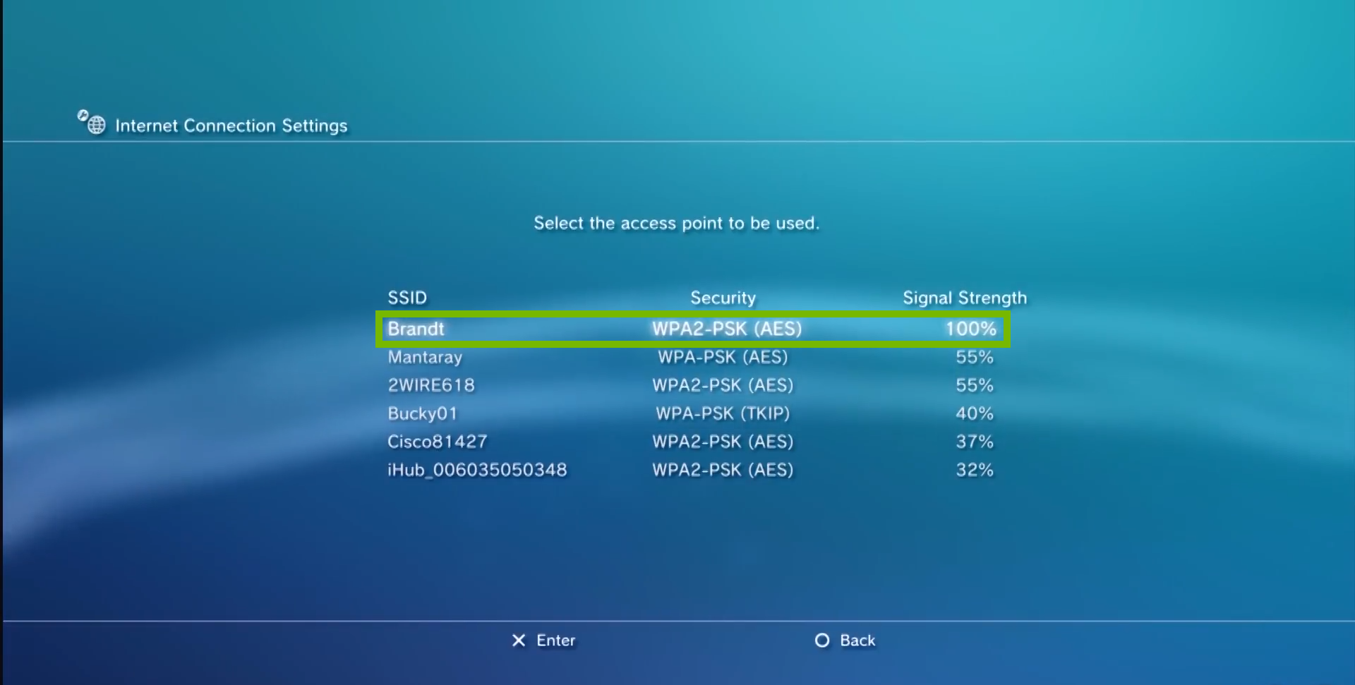 Select access point with a list of available wireless networks and example network Brandt is highlighted
