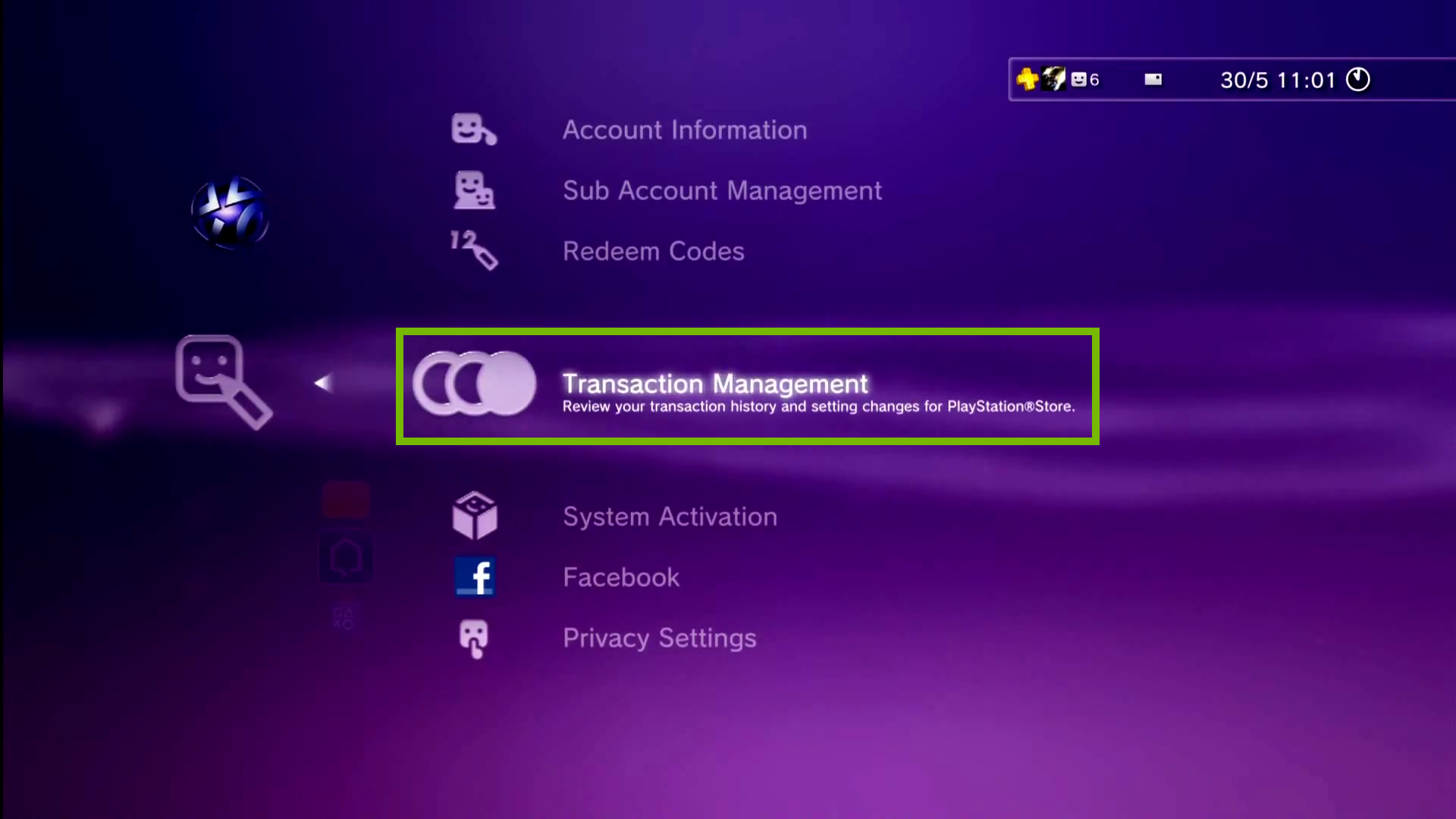 Account management menu with Transaction Management selected. Screenshot.