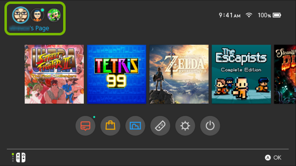 User account avatars highlighted in Nintendo Switch menu.