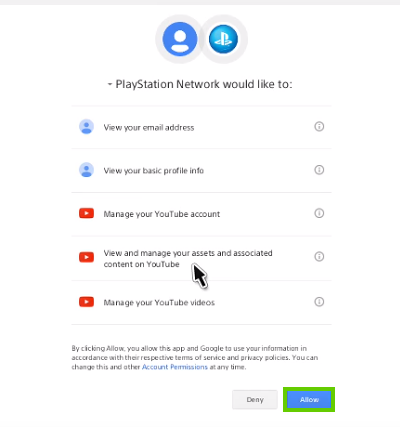 Allowing youtube to access your playstation