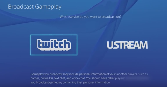 Broadcast selection: twitch or ustream. Screenshot.