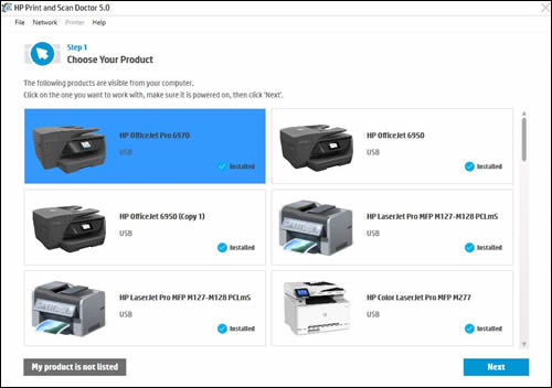 HP installer with list of printers. Screenshot.