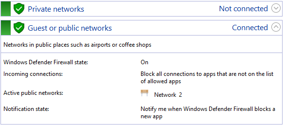 Firewall settings with Firewall on. Screenshot.
