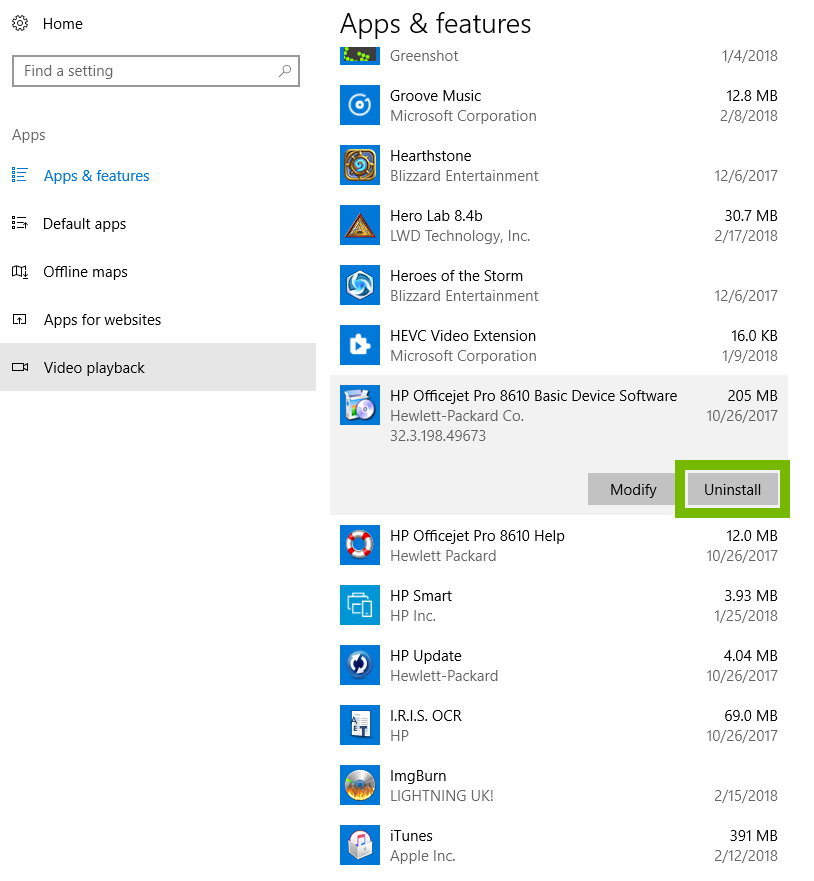 Uninstall button on Printer app. Screenshot.