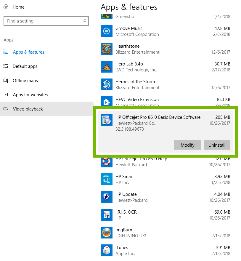 Apps list with Printer app selected. Screenshot.