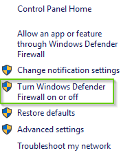Firewall Settings with Turn Windows Defender On or Off selected. Screenshot.