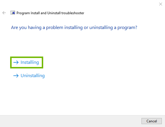 Program Install and Uninstall troubleshooter with Installing selected. Screenshot.