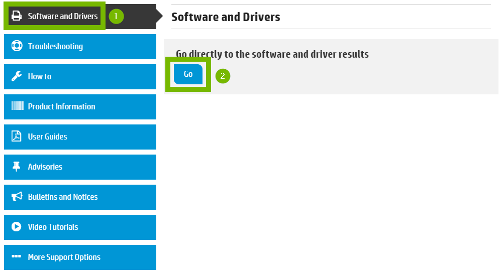 Software and drivers menu with Go selected. Screenshot.