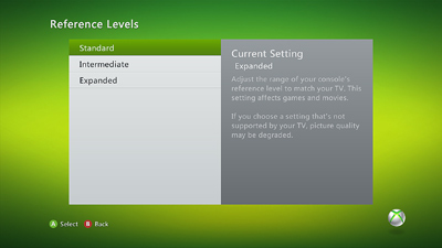 Xbox 360 reference levels showing stanard, intermediate, and expanded