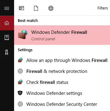 Start menu with Windows Defender Firewall selected. Screenshot.